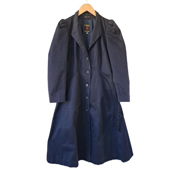 VINTAGE Princess Fit & Flare Midi Long Trench Coat Navy Puff Sleeve *fits small - Picture 11 of 13